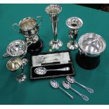 A LARGE QUANTITY OF SILVER PLATE to include trophy cups, a canteen of cutlery, entree dishes,
