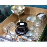 A SELECTION OF SILVER TOPPED DRESSING TABLE REQUISITES a London silver trophy on ebonised plinth,