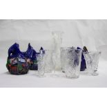 A COLLECTION OF GLASSWARE to include cut glass vases and three Romanian signed Coman Design blue