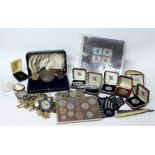 A MISCELLANEOUS COLLECTION OF COSTUME JEWELLERY and bijouterie to include medals, coins, penknives