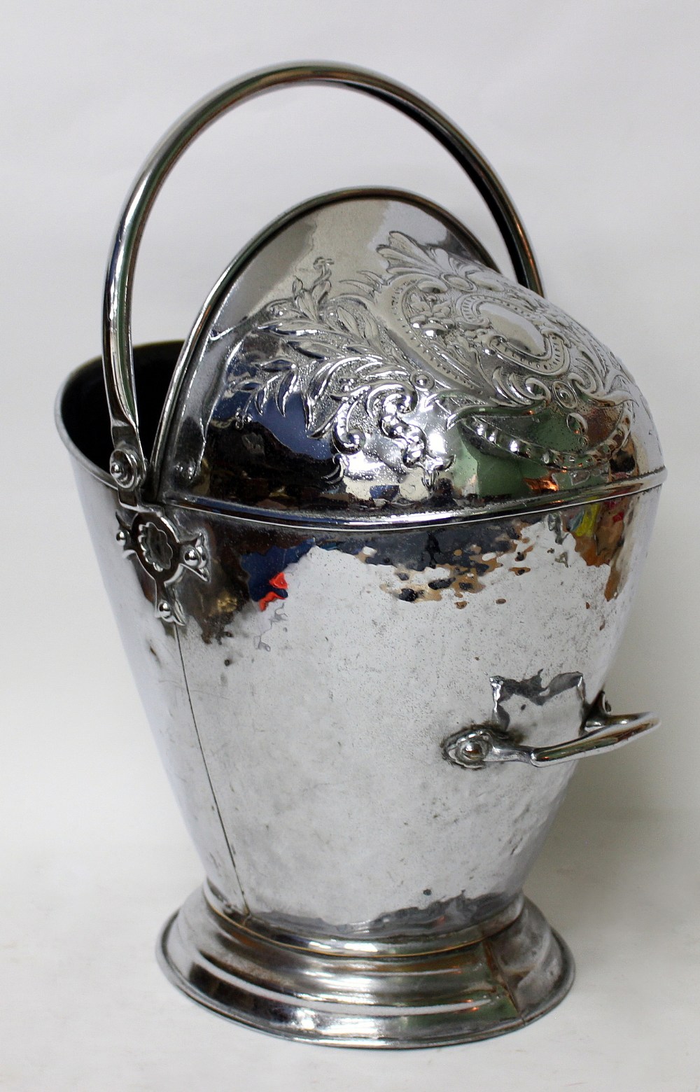 A LATE 19TH / EARLY 20TH CENTURY SILVERED BRASS COAL BUCKET with swing handle, 44cm high