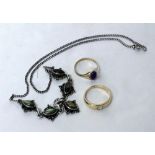 TWO YELLOW METAL DRESS RINGS and a white metal necklace stamped '925' with inset stones (3)