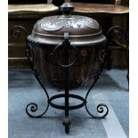 A VICTORIAN WROUGHT IRON AND COPPER COAL BUCKET AND LID with embossed decoration and stamped mark