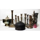 A COLLECTION OF ANTIQUE SILVER PLATED CANDLESTICKS further silver plate and an early 19th Century