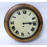 A 20TH CENTURY OAK CASED DROP DIAL WALL CLOCK with painted dial with black Roman numerals 41cm