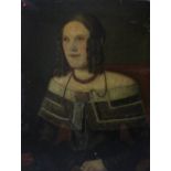 AN ANTIQUE HEAD AND SHOULDER PORTRAIT of a lady, oil on canvas 71cm x 56cm