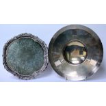 A VICTORIAN SILVER SALVER with engraved scrolling decoration and three claw and ball feet, marks for