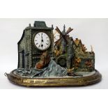 A 19TH CENTURY CONTINENTAL AUTOMATON CLOCK the enamelled dial set into a painted 'tower' within a