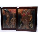A PAIR OF EMBOSSED COPPER PICTURES depicting nude African women 49cm x 39cm (2)
