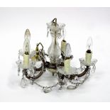 A LATE 20TH CENTURY FIVE BRANCH MOULDED GLASS DROP CHANDELIER 30cm approximately