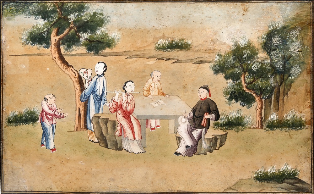 Chinese School 19th Century watercolour and gouache pair of garden scenes, one with two figures