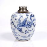 A Chinese blue and white ginger jar 18th Century with white metal top engraved with monogram, the