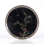 A Japanese cloisonne dish circa 1900 of black ground decorated with goldfinches, 18cm