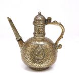 A Lahore bronze cast ewer 18th Century engraved with flower motif and central medallion to each