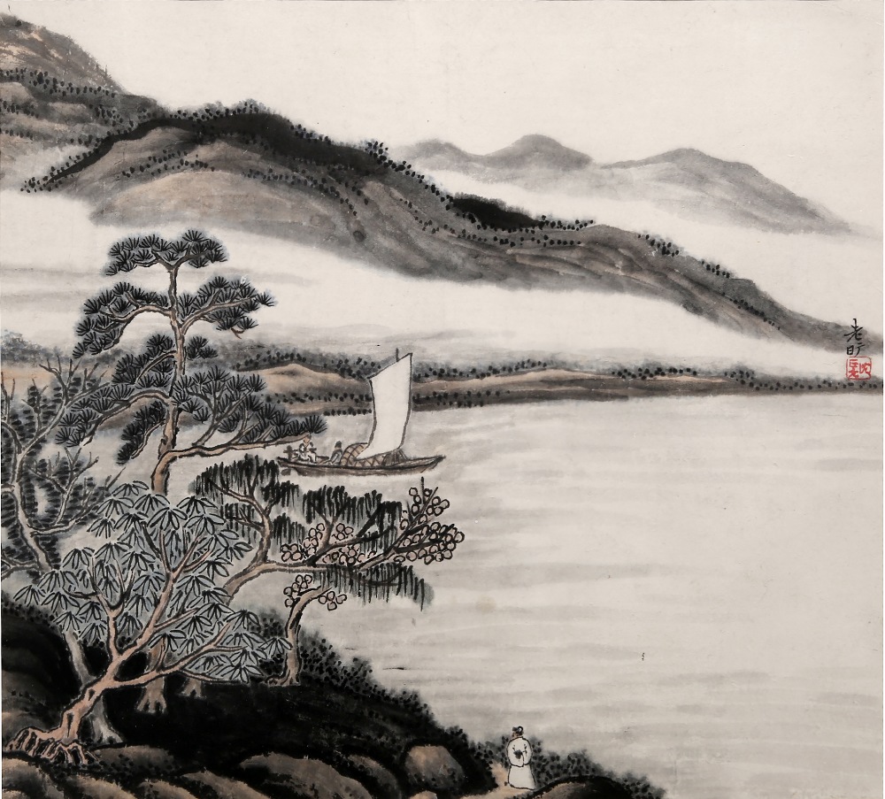 Early 20th Century Japanese School landscape with mountains and a lake, signed, watercolour, 30cm