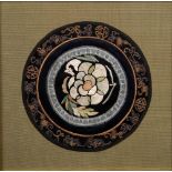 A pair of Chinese embroidered sleeve bands 50cm x 10cm and a pair of Chinese embroidered roundels,