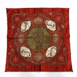 An Ottoman metal thread embroidered red silk panel with tugra circa 1900 the central panel of