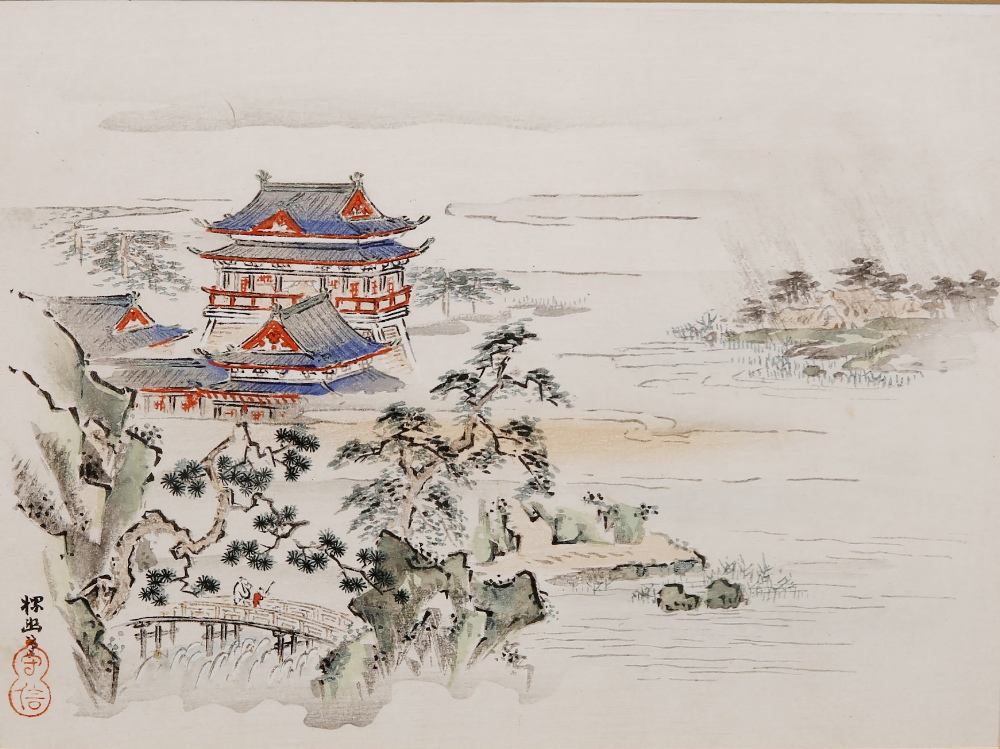 Early 20th Century Chinese School watercolour showing a rural temple, signed, from The Rowley