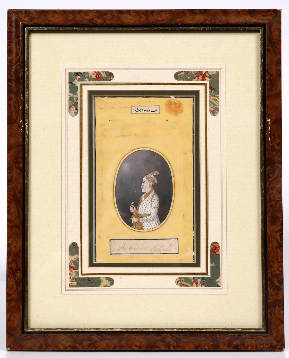 A Mughal miniature painting of Bahadur Shah watercolour an paper with gilt details, with