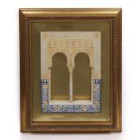 A gesso Alhambra plaque circa 1920 decorated in polychrome in the Masrid style with Islamic