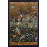 A pair of Persian folio pages circa 1900 each depicting hunting scenes with crocodiles, stags and