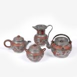 A Chinese Yixing and metal mounted four piece tea set circa 1920 with dragon overlay, seal mark to