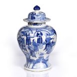 A Chinese porcelain blue and white vase and cover 19th Century having a court scene with various