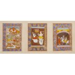 Indian School late 19th Century three folio miniatures to include a ceremonial scene under one