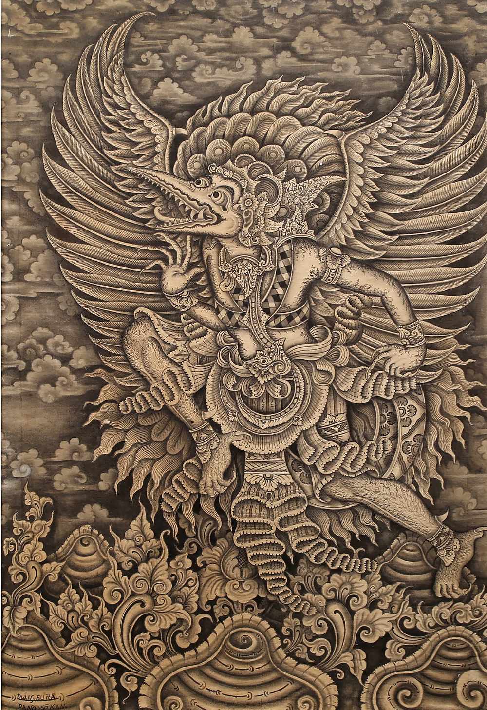 Indonesian School Batik panel, signed DW. NG. Sura Pangasekan, depicting a winged mythical creature,