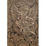 Indonesian School Batik panel, signed DW. NG. Sura Pangasekan, depicting a winged mythical creature,