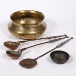 A set of three copper Middle Eastern cooking untensils each engraved by the owner, approximately