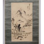 A Japanese hanging scroll with signed Shusui and seals, landscape scenes and ivory scroll ends,