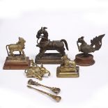 Five Indian bronze figures including two cows, elephant, cockerel and horse, together with two