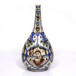 A Qajar tall bottle vase circa 1900 with panels of figures within a foliate cartouche, 49cm high