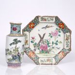 A Japanese famille rose octagonal dish late 19th Century with peony and bird decoration, 29cm and