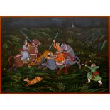 A 20th Century Mughal style painting showing a tiger hunt, gouache, 38cm x 51cm