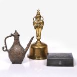A small brass Indian ewer 16cm high, together with a Bidri box, 12.5cm across and brass temple bell,