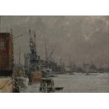 Trevor Chamberlain (b.1933) Grey Day, by the Thames, 1966 signed and dated (lower right) oils on