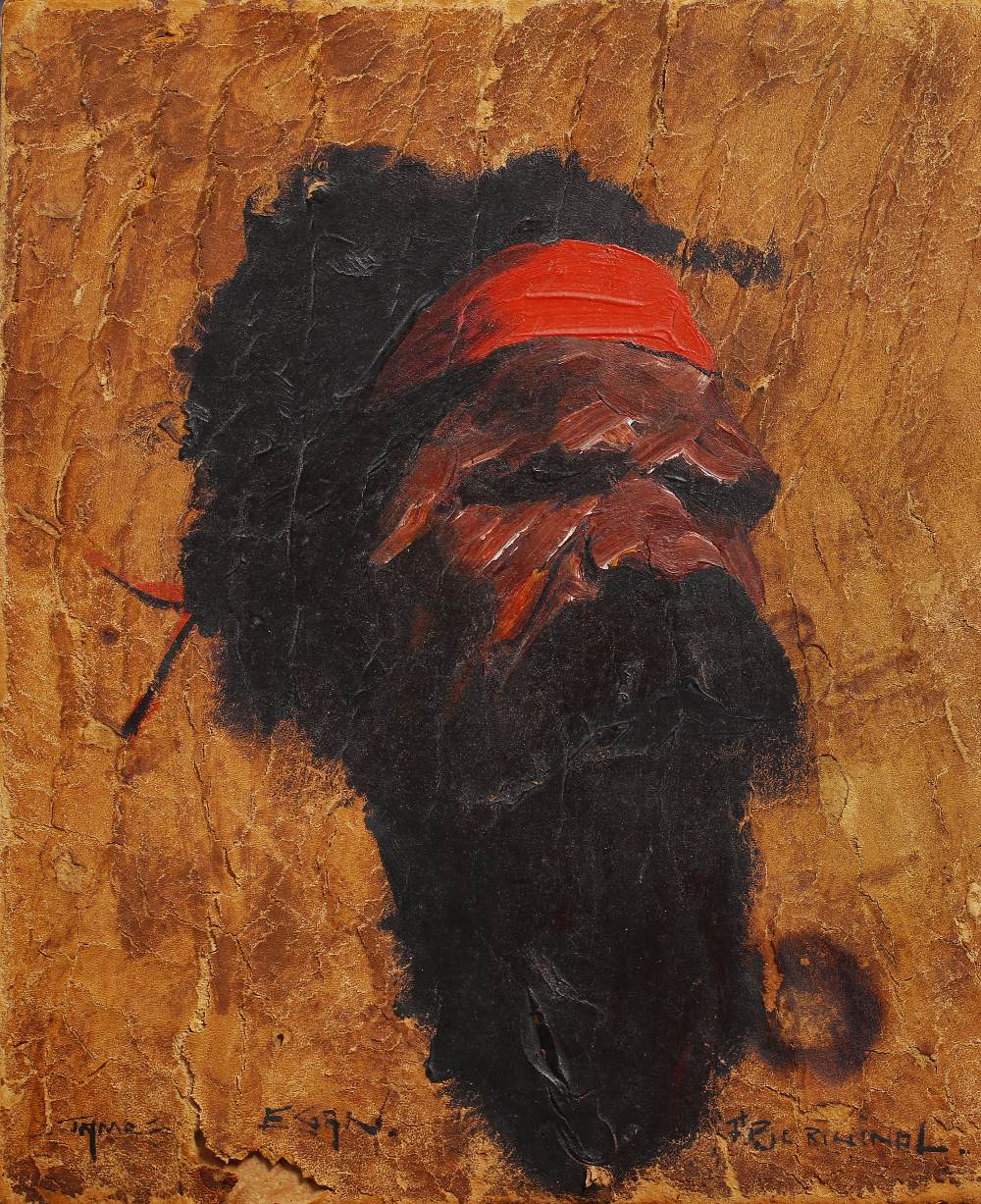 James Egan (b.1929) Aboriginal signed and titled oils on leather/hide 35.5cm x 29cm.