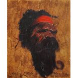 James Egan (b.1929) Aboriginal signed and titled oils on leather/hide 35.5cm x 29cm.