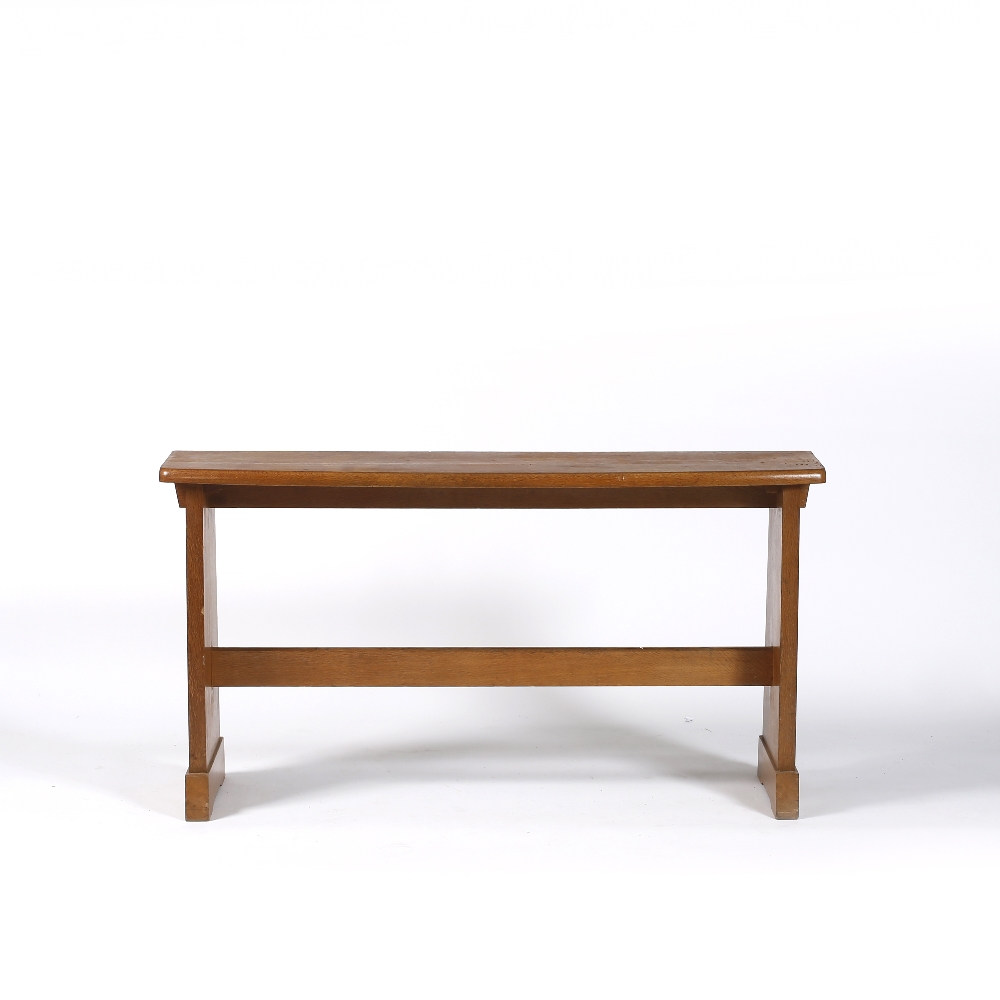 Manner of Cotswold School Oak organist bench curved front, pegged construction 68cm high, 127cm - Image 2 of 2