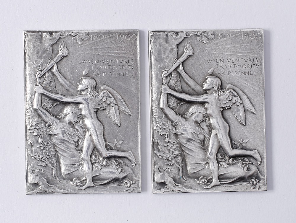 Oscar Roty (1846-1911) 'Exposition Universelle de 1900' two bronze medallions signed and stamped