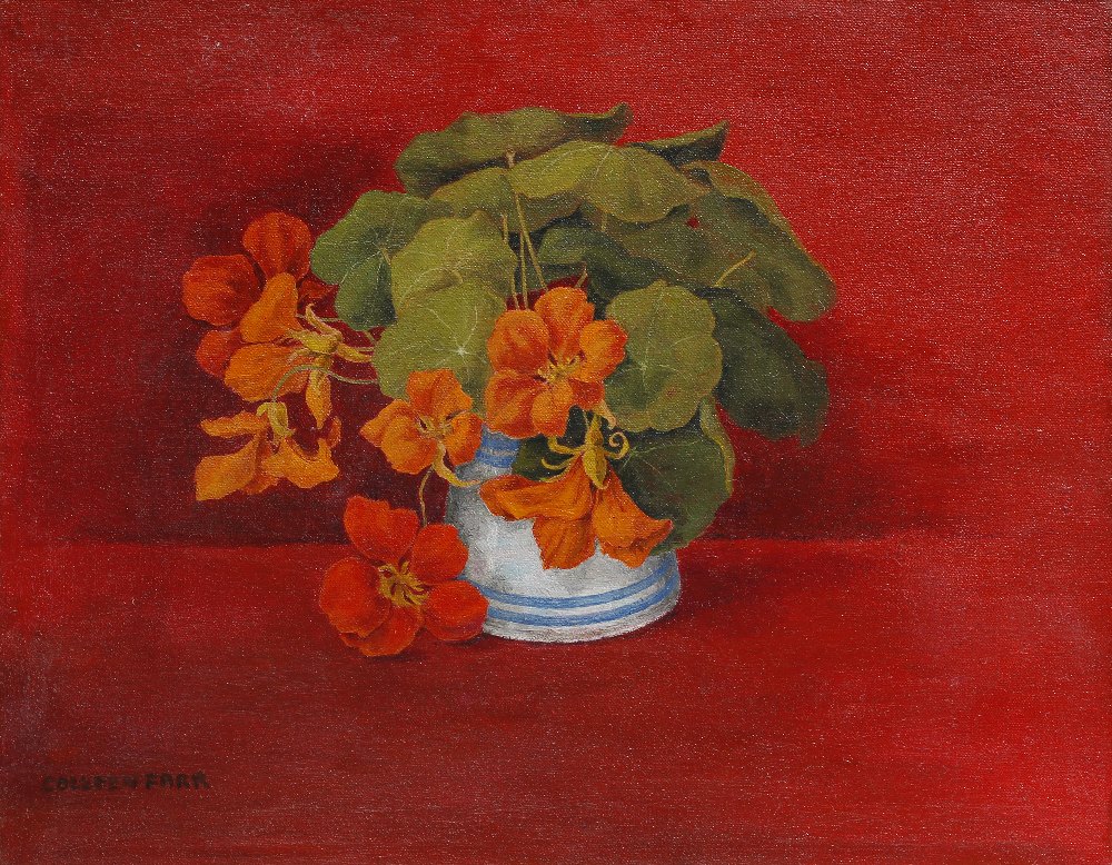 Colleen Farr (Contemporary) Nasturtiums on a red ground signed (lower left) oils on board 28cm x