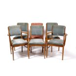 Gordon Russell Six oak dining chairs (4+2), circa 1950 retailed by Heals, fabric seats and backs