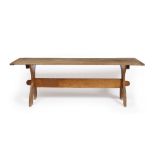 Cotswold School Large oak refectory table with peg supports 227cm long.