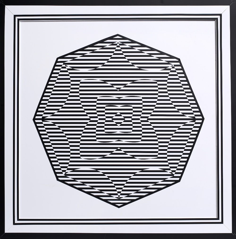 Frank Downton (b.1936) Black and white op-art signed (to reverse) hand cut vinyl 50cm x 50cm.