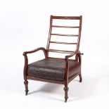 Arts & Crafts Adjustable stained wood armchair, circa 1900 with leather seat cushion and brass