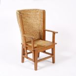 Arts & Crafts Orkney oak child's chair, early 20th Century woven back and seat, scrolled arms and