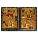 A Qajar lacquer book cover late 19th / early 20th century painted with hunting and farming scenes on