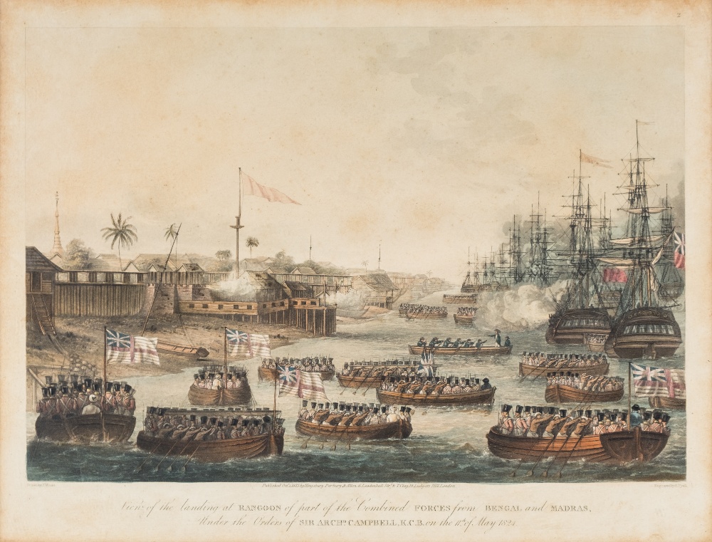 After J Moore A set of six coloured engravings of views of the Landing at Rangoon as part of the